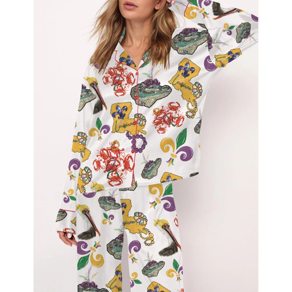 Mardi Gras Beads Pelican Crab Alligator Satin Pajama Set For Women - Image 2