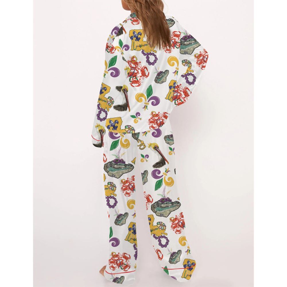 Mardi Gras Beads Pelican Crab Alligator Satin Pajama Set For Women - Image 3