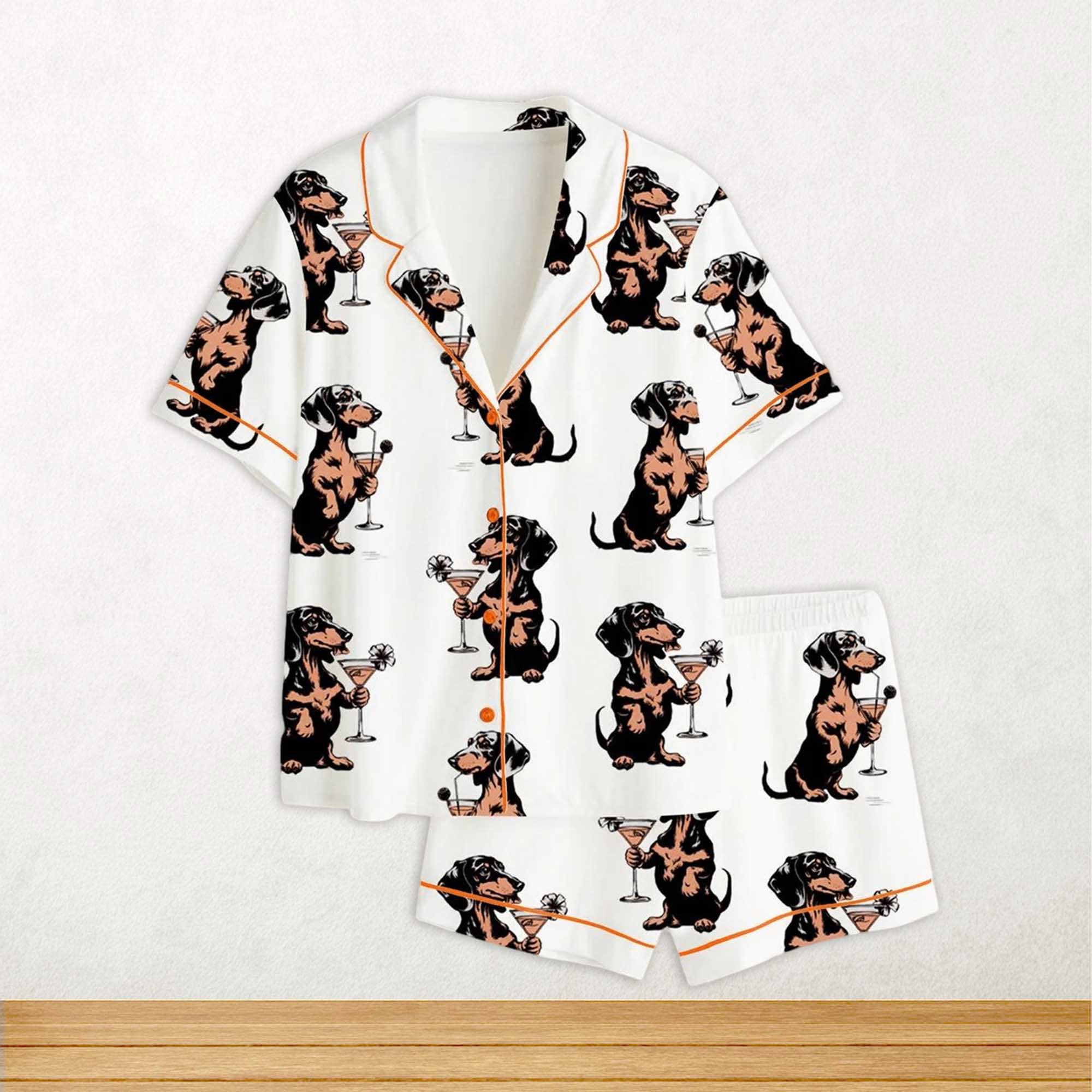 Martini Cocktail Lover Dachshund Cocktail Weenies Short Sleeve Satin Pajama Set For Women