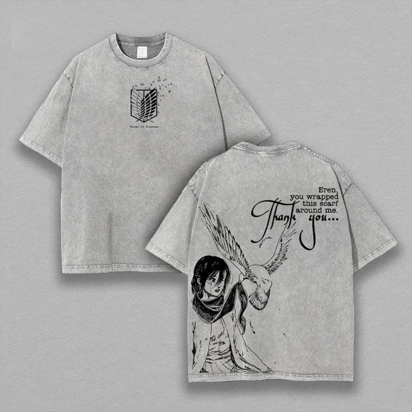 Mikasa Ackerman Attack on Titan T-Shirt, Anime Graphic Tee Oversized Acid Washed Cotton Shirt, Anime Streetwear Casual Menswear, Anime Merch Gift for Anime Fans - Image 2