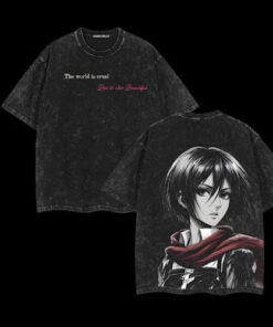 Mikasa - Attack on Titan T-Shirt, Double Printed Vintage Washed Tee, Oversized Unisex Fit, Heavyweight Cotton Shirt, Anime Manga Graphic Streetwear