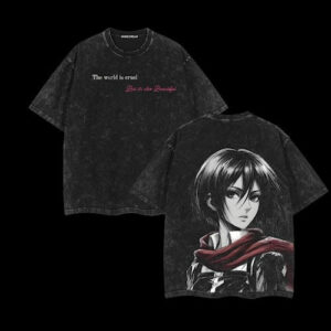Mikasa - Attack on Titan T-Shirt, Double Printed Vintage Washed Tee, Oversized Unisex Fit, Heavyweight Cotton Shirt, Anime Manga Graphic Streetwear