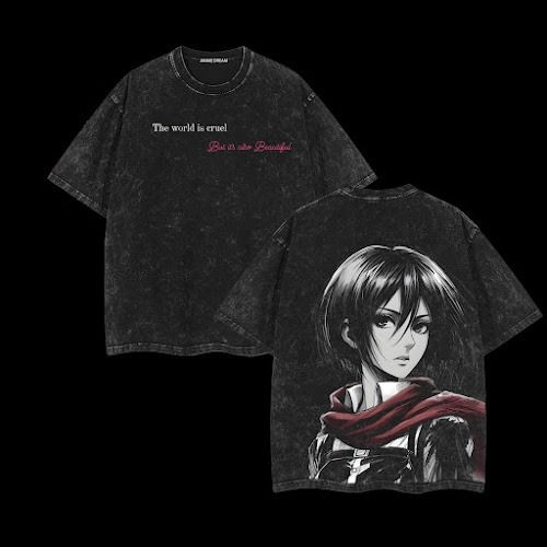 Mikasa - Attack on Titan T-Shirt, Double Printed Vintage Washed Tee, Oversized Unisex Fit, Heavyweight Cotton Shirt, Anime Manga Graphic Streetwear