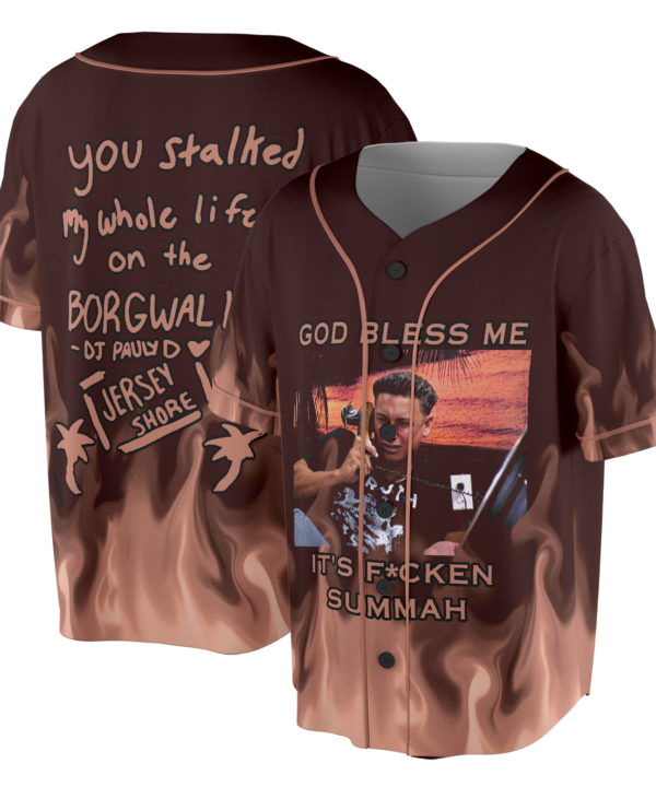 Alternative view of God Bless Me It's F*cken Summah Jersey, Summah Shirt, New trend Baseball Jersey, Jersey Shore Shirt, Movie Shirt, Funny Movie Quote Jersey