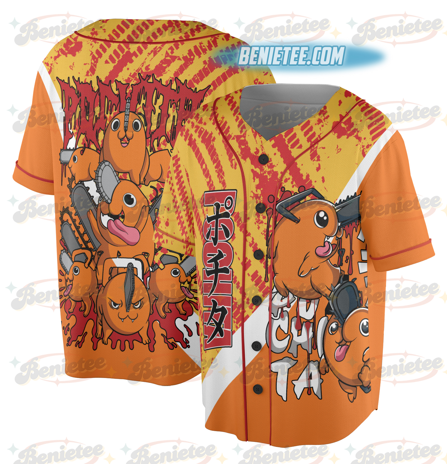 Pochita Chainsaw Man Button Up Baseball Jersey, Anime Jersey - Image 2