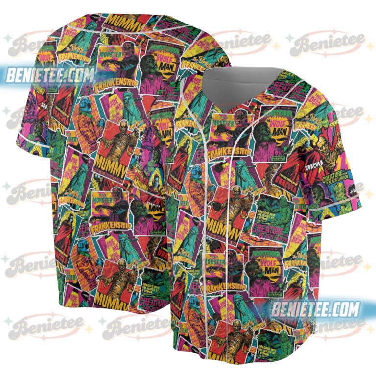Alternative view of Retro Halloween Monsters Spooky Baseball Jersey, Halloween Movie Jersey