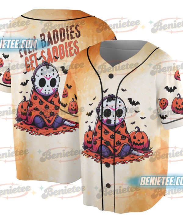 Alternative view of Even Baddies Get Saddies Jersey, Halloween Horror, Horror Characters Shirt, Girly Halloween Baseball Jersey