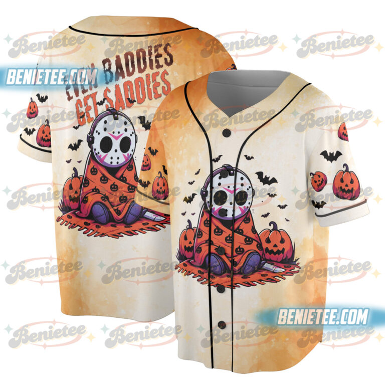 Alternative view of Even Baddies Get Saddies Jersey, Halloween Horror, Horror Characters Shirt, Girly Halloween Baseball Jersey