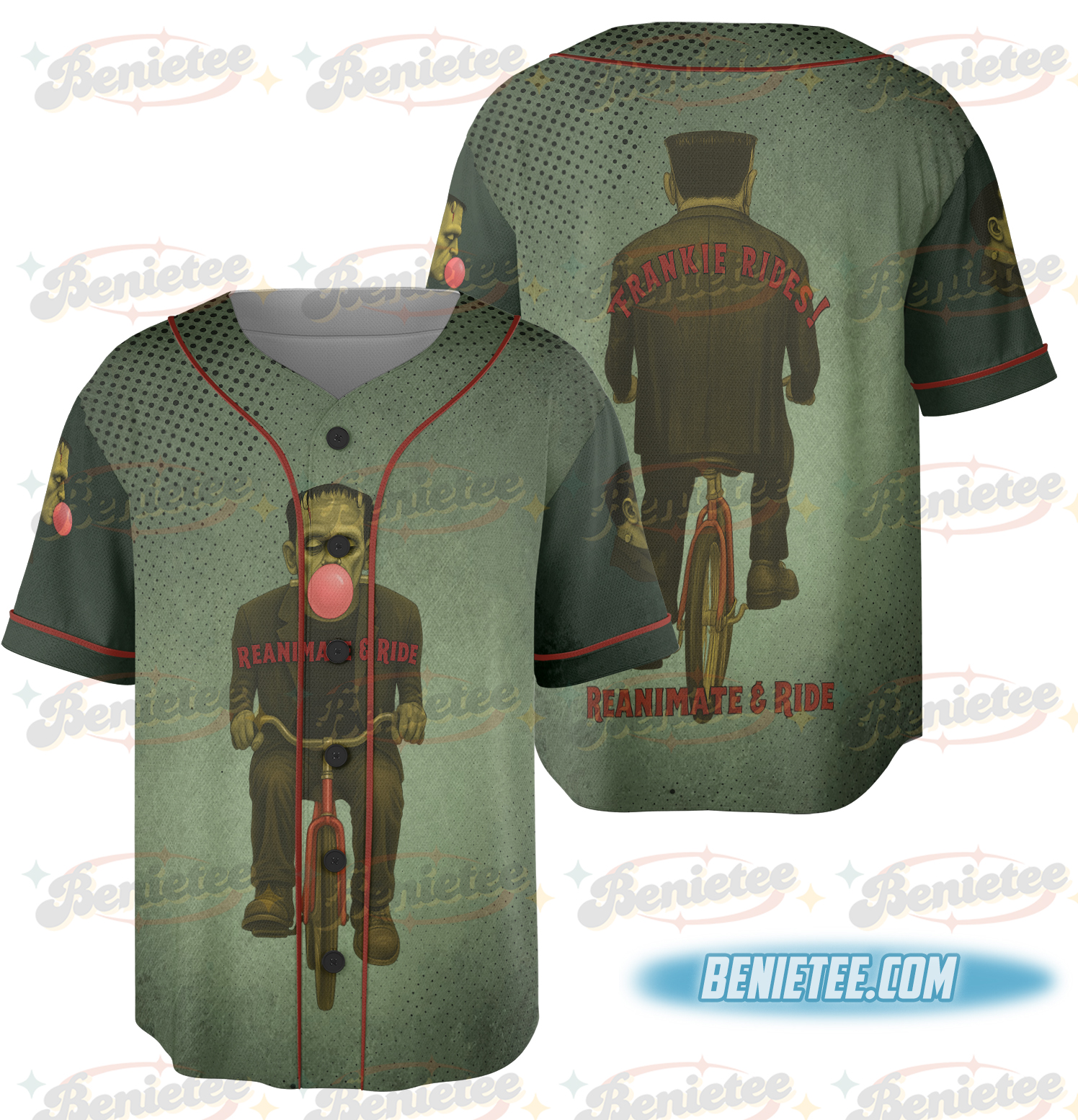 Reanimate and Ride Cycling Jersey – Frankenstein’s Monster Bike Shirt – Funny Men's Fitted MTB & Roa