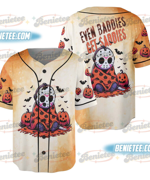 Even Baddies Get Saddies Jersey, Halloween Horror, Horror Characters Shirt, Girly Halloween Baseball Jersey