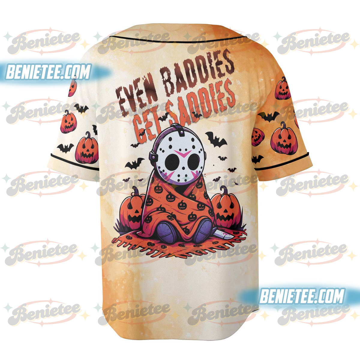 Even Baddies Get Saddies Jersey, Halloween Horror, Horror Characters Shirt, Girly Halloween Baseball Jersey - Image 4