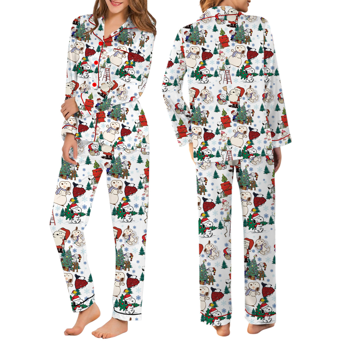 Cute Snoopy Christmas Satin Pajamas Long Set For Women, Adorable Holiday Sleepwear With Tree And Gift Print - Image 3