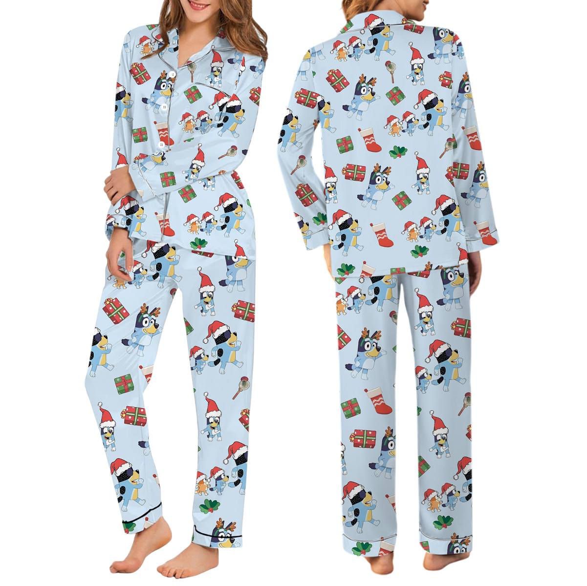 Christmas Cute Bluey Long Satin Pajamas Set For Women - Image 3