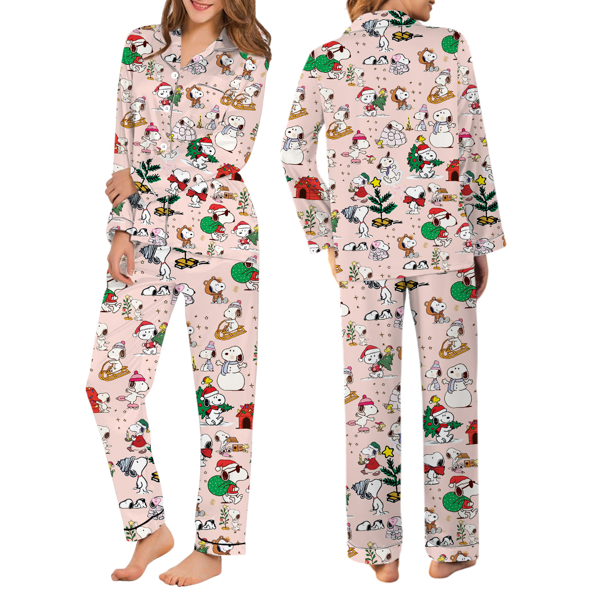 Cute Snoopy Christmas Satin Pajamas Long Set For Women, Adorable Holiday Sleepwear With Tree And Gift Print - Image 3