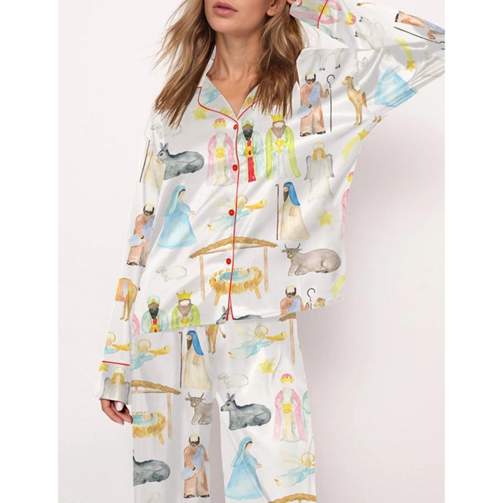 Nativity Christmas Watercolor Satin Pajama Set For Women