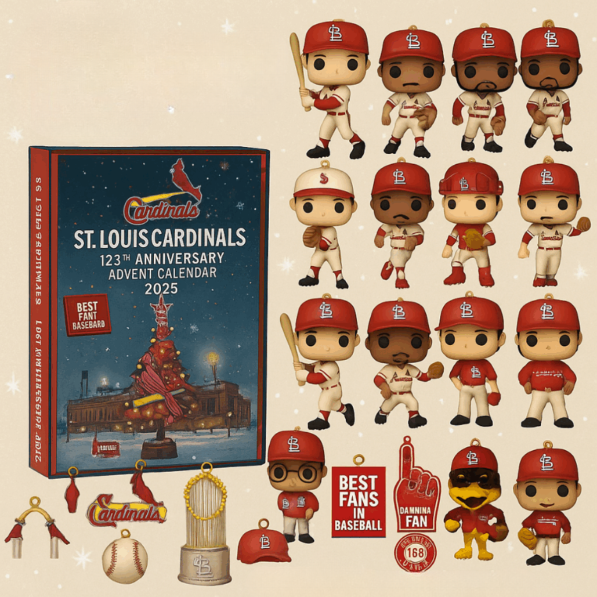 St. Louis Cardinals 125th Anniversary Advent Calendar, Christmas Countdown Advent Calendar Gift Box With 24 Acrylic Ornaments - Image 3