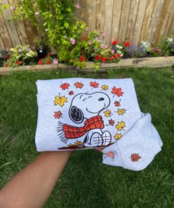 Alternative view of Cute Snoopy Fall Autumn Leaves Pumpkin Halloween Embroidered Sweatshirt, Snoopy Embroidered Sweatshirt, Halloween Embroidered Sweatshirt