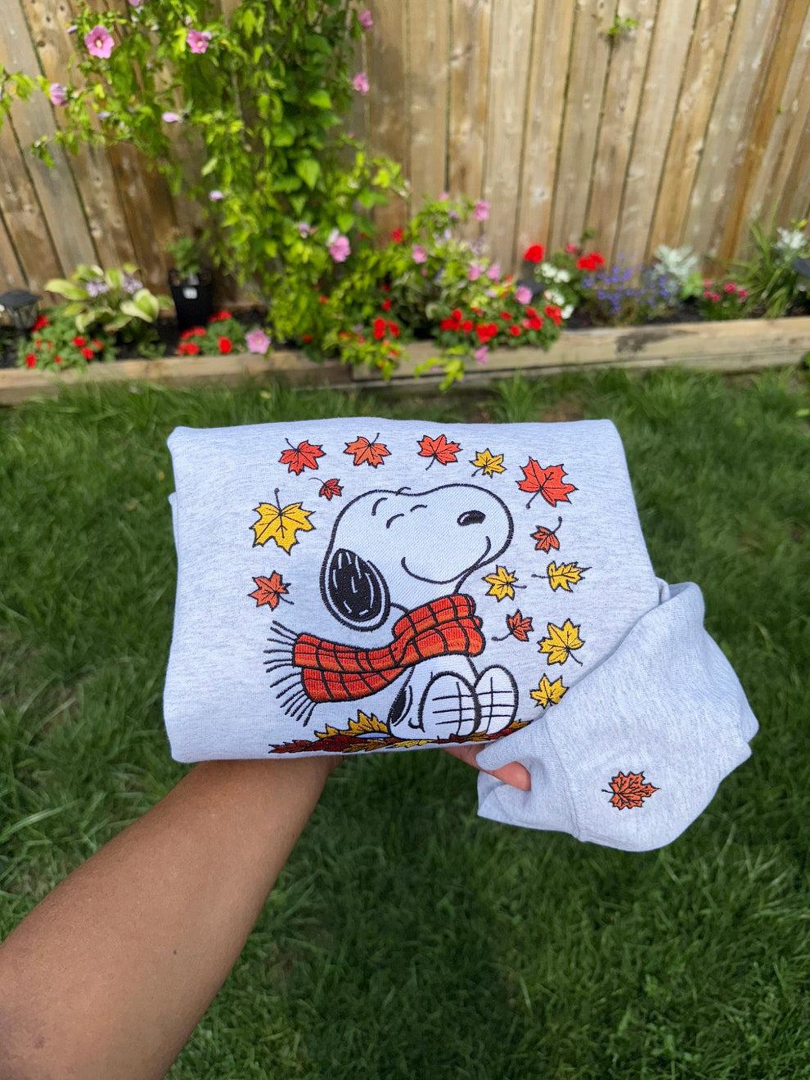 Cute Snoopy Fall Autumn Leaves Pumpkin Halloween Embroidered Sweatshirt, Snoopy Embroidered Sweatshirt, Halloween Embroidered Sweatshirt - Image 2