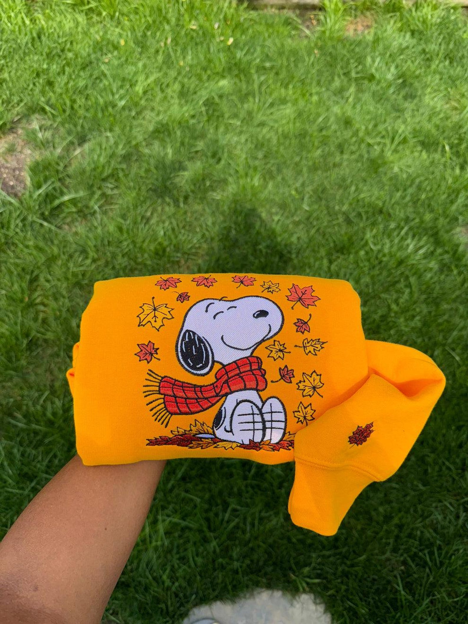 Cute Snoopy Fall Autumn Leaves Pumpkin Halloween Embroidered Sweatshirt, Snoopy Embroidered Sweatshirt, Halloween Embroidered Sweatshirt - Image 3