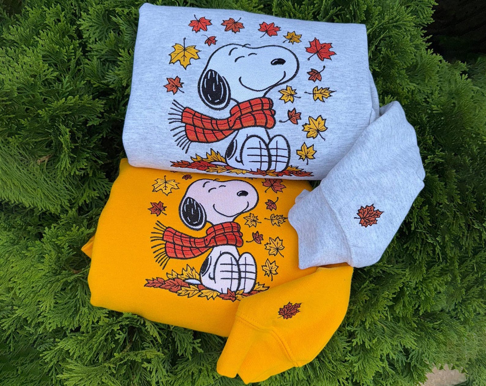 Cute Snoopy Fall Autumn Leaves Pumpkin Halloween Embroidered Sweatshirt, Snoopy Embroidered Sweatshirt, Halloween Embroidered Sweatshirt