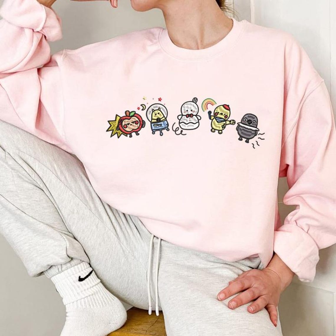Embroidered Love and Deepspace Emoji Friends Dark Version Otome Game Inspired Crewneck Sweatshirt - Image 2
