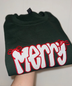 Merry Embroidery Sweatshirt, Christmas Embroidery Hoodie