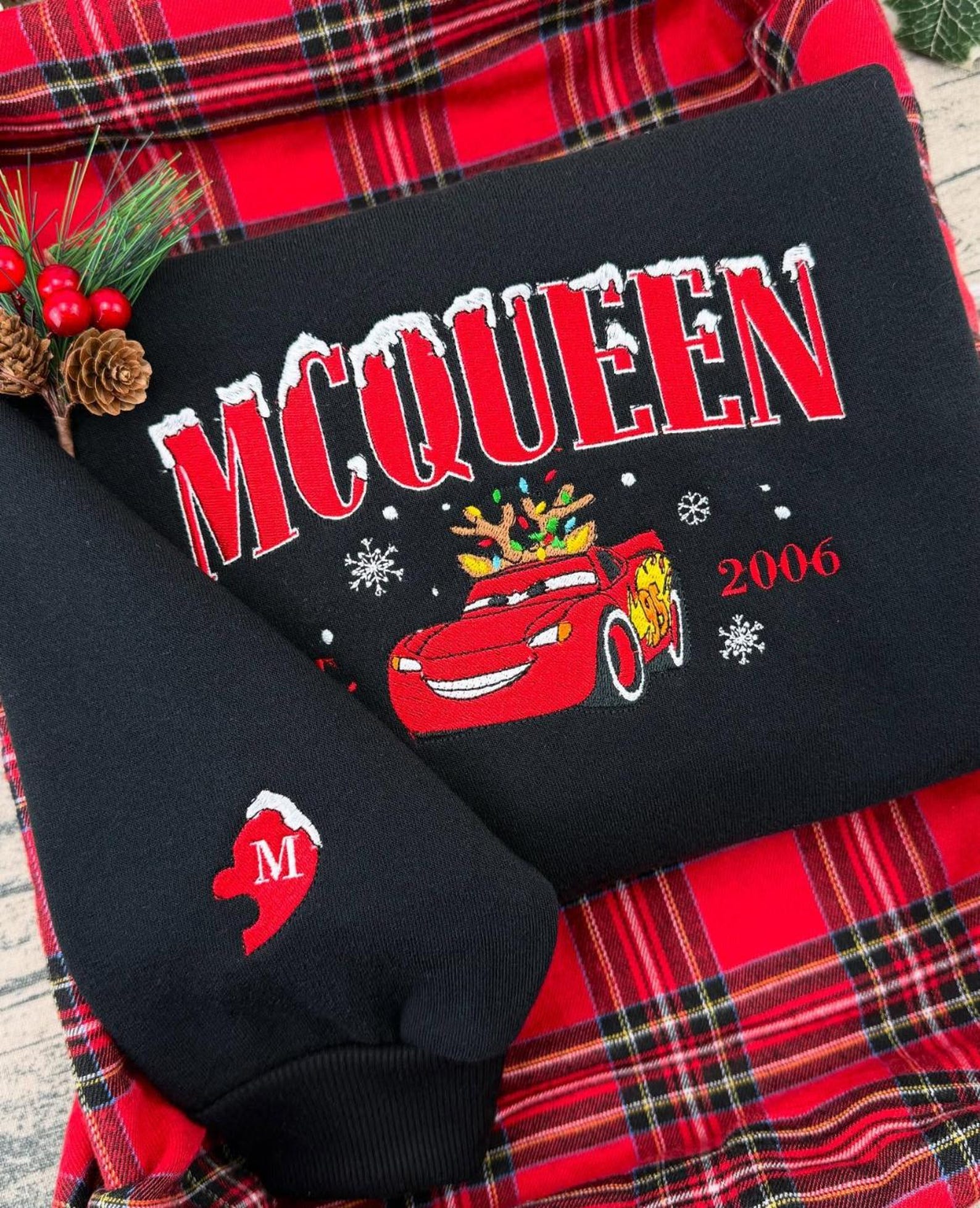 Cars Christmas Embroidered T-Shirt, McQueen Mater Sally Matching Sweatshirt, Cartoon Disney Cars Christmas Embroidery Hoodie - Image 4