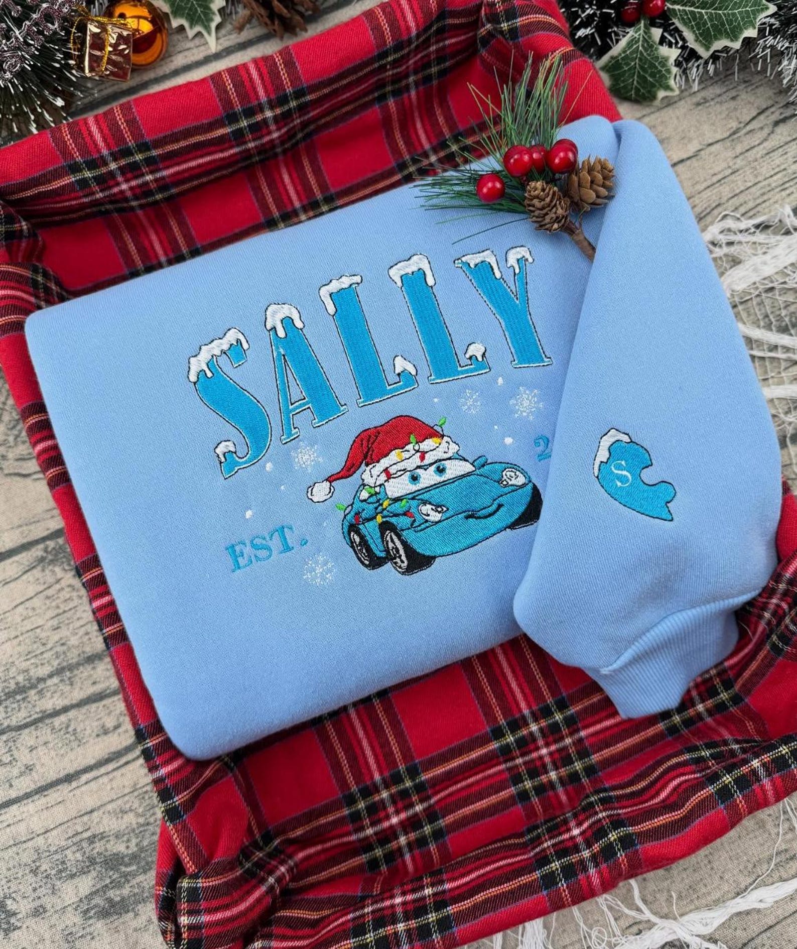 Cars Christmas Embroidered T-Shirt, McQueen Mater Sally Matching Sweatshirt, Cartoon Disney Cars Christmas Embroidery Hoodie - Image 3