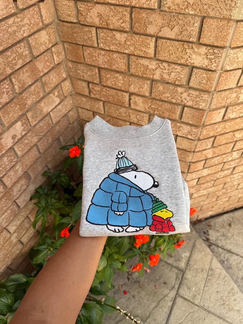 Puffer Jacket Embroidered Sweatshirt – Cute Embroidered Design, Cozy Winter Crewneck, Handmade Holiday Gift - Image 2