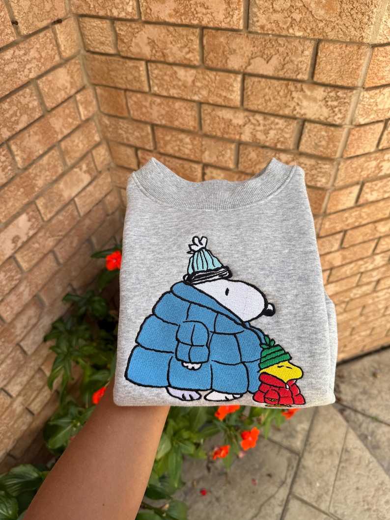Puffer Jacket Embroidered Sweatshirt – Cute Embroidered Design, Cozy Winter Crewneck, Handmade Holiday Gift