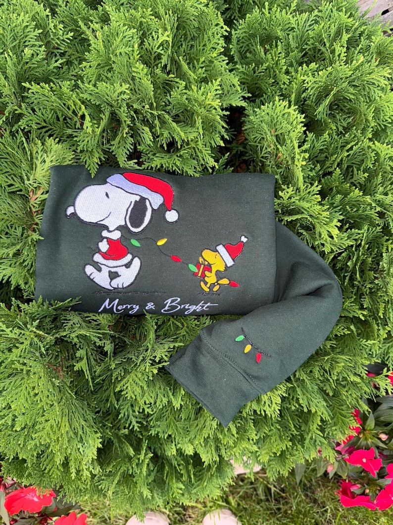 Merry and Bright Holiday Crewneck, Embroidered Snoopy Dog with Santa Hat, Festive Lights Sweatshirt, Cozy Handmade Gift