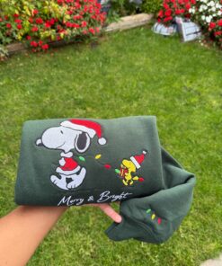 Alternative view of Merry and Bright Holiday Crewneck, Embroidered Snoopy Dog with Santa Hat, Festive Lights Sweatshirt, Cozy Handmade Gift