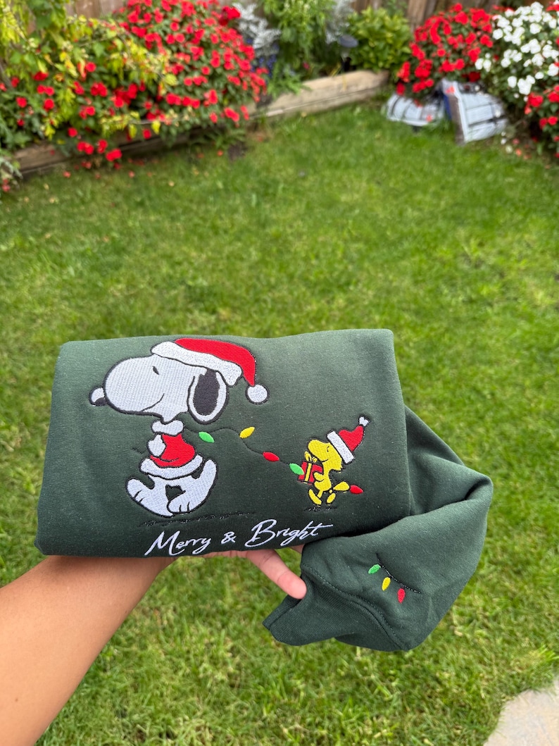 Merry and Bright Holiday Crewneck, Embroidered Snoopy Dog with Santa Hat, Festive Lights Sweatshirt, Cozy Handmade Gift - Image 2