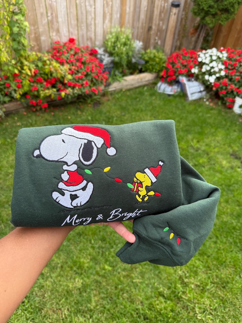 Merry and Bright Holiday Crewneck, Embroidered Snoopy Dog with Santa Hat, Festive Lights Sweatshirt, Cozy Handmade Gift - Image 3