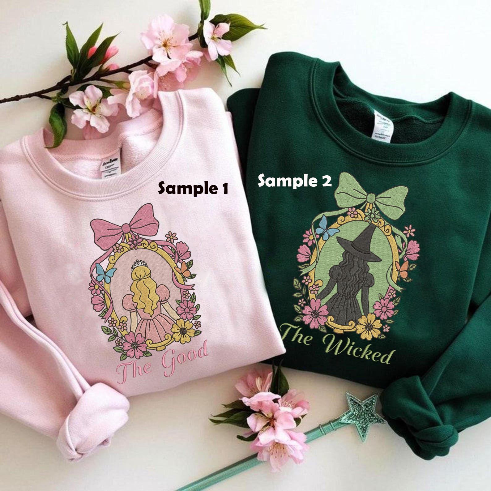 EMBROIDERED Coquette Bow Wicked Movie Pink & Green Sweatshirt, Changed For Good Shirt, Wizard Of Oz Shirt