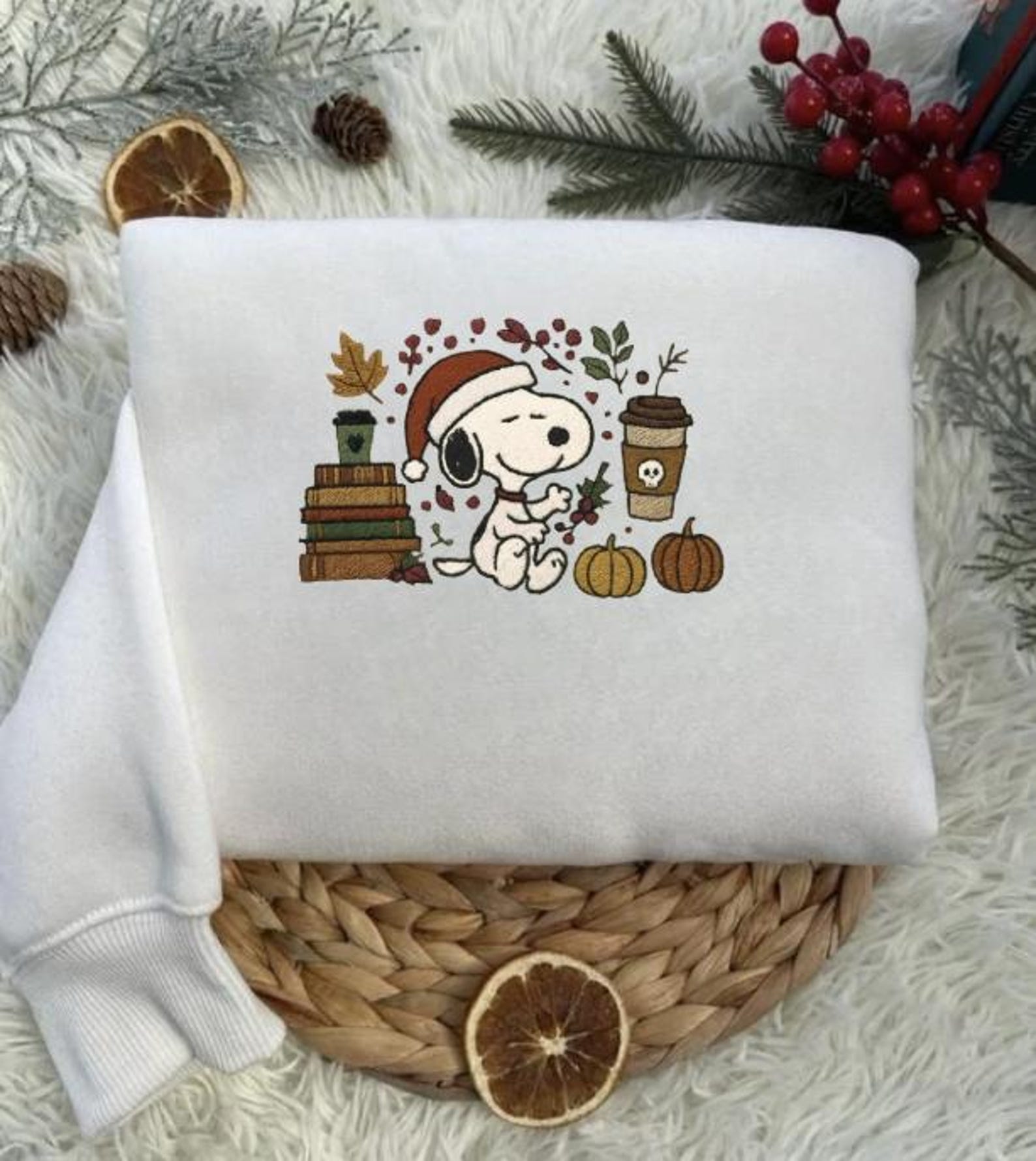 Embroidered Dog Christmas Sweatshirt, Fall Snoopy Crewneck, Holiday Dog Lover Gift, Cozy Winter Sweater, Cartoon Peanuts Sweatshirt - Image 2