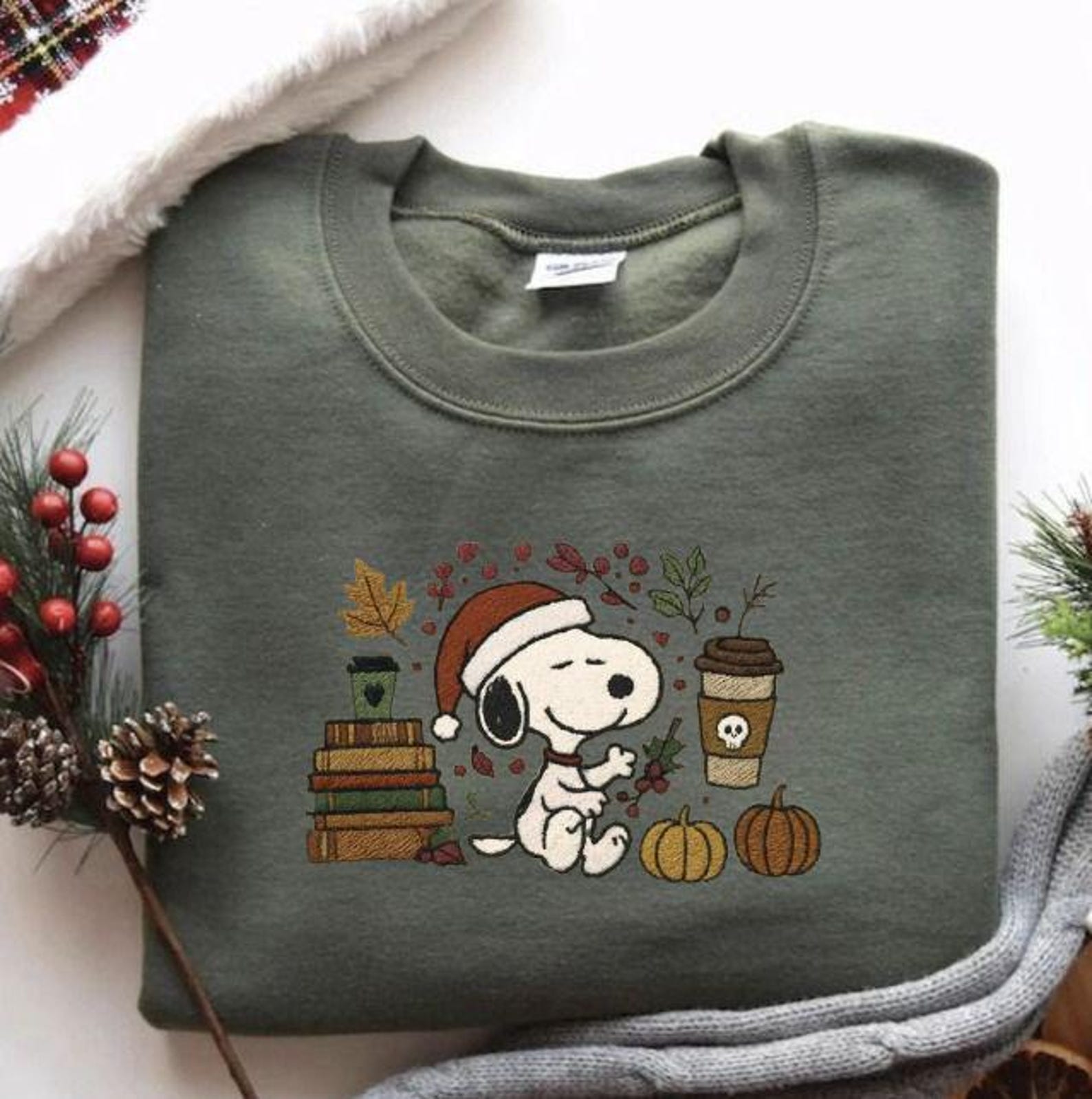Embroidered Dog Christmas Sweatshirt, Fall Snoopy Crewneck, Holiday Dog Lover Gift, Cozy Winter Sweater, Cartoon Peanuts Sweatshirt - Image 3