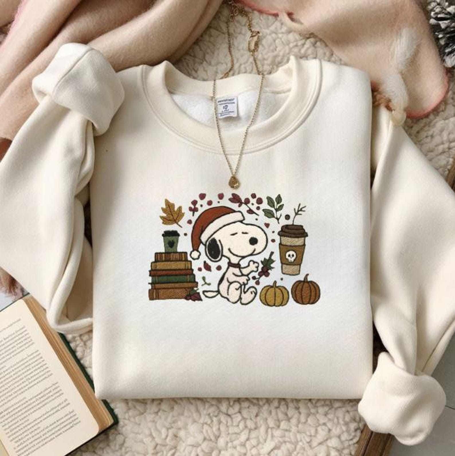 Embroidered Dog Christmas Sweatshirt, Fall Snoopy Crewneck, Holiday Dog Lover Gift, Cozy Winter Sweater, Cartoon Peanuts Sweatshirt - Image 4