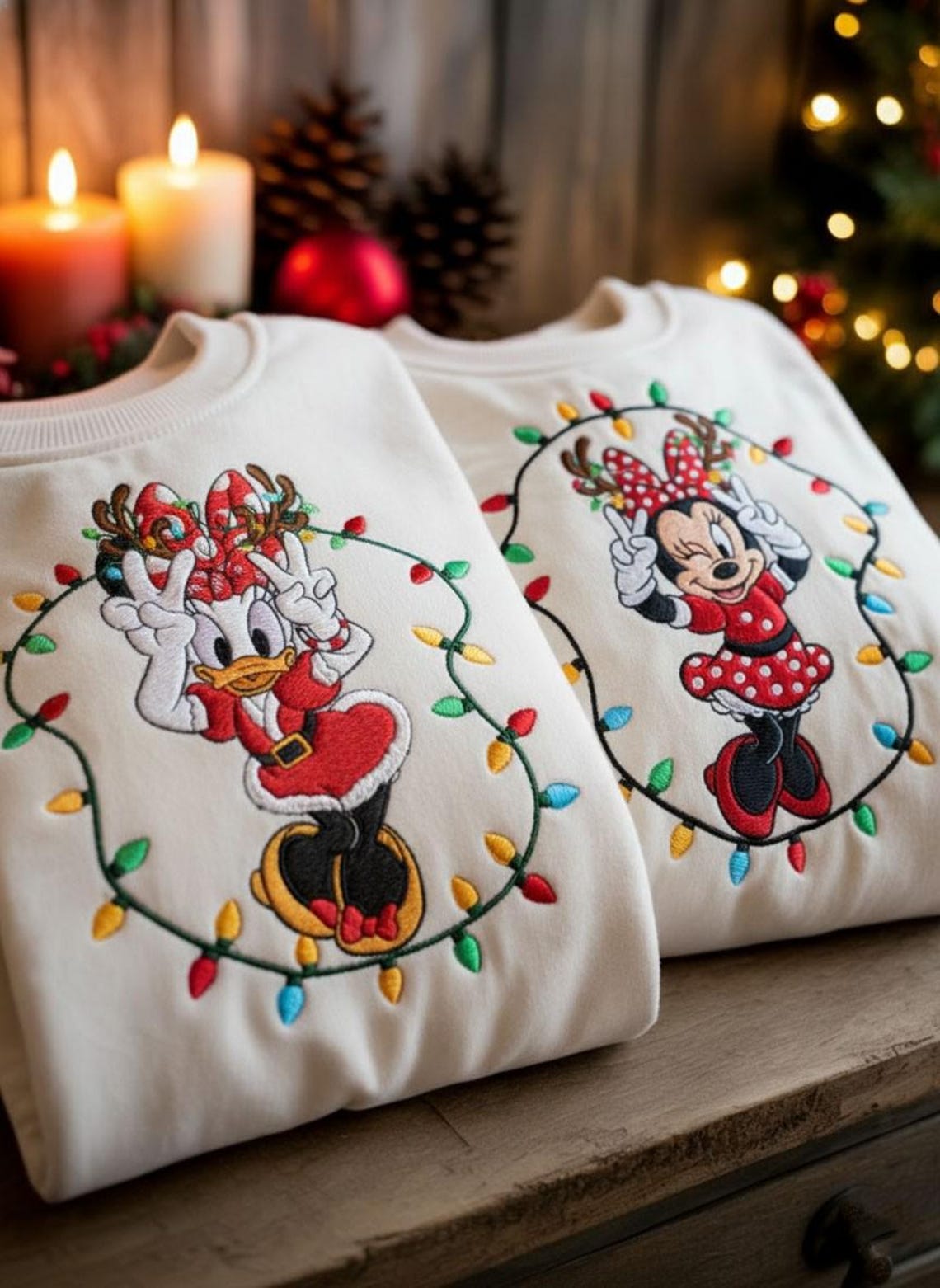 Embroidered Minnie Daisy Christmas Sweatshirt, Minnie Christmas Shirt, Disney Bestie Tee, Disney Holiday Matching Sweatshirt - Image 2