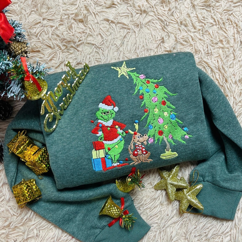 Grinch Christmas Embroidered Sweatshirt: Whimsical Tree Design, Funny Holiday Hoodie, Cozy Grinchmas - Image 2