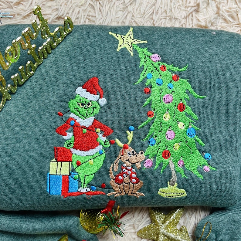 Grinch Christmas Embroidered Sweatshirt: Whimsical Tree Design, Funny Holiday Hoodie, Cozy Grinchmas - Image 3