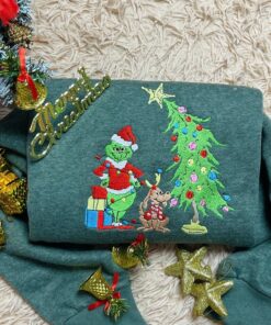 Grinch Christmas Embroidered Sweatshirt: Whimsical Tree Design, Funny Holiday Hoodie, Cozy Grinchmas