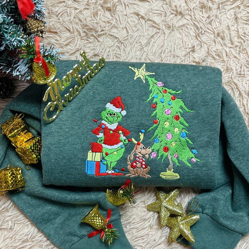 Grinch Christmas Embroidered Sweatshirt: Whimsical Tree Design, Funny Holiday Hoodie, Cozy Grinchmas