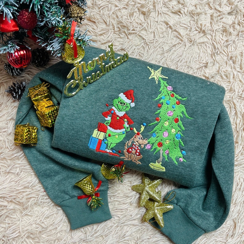 Grinch Christmas Embroidered Sweatshirt: Whimsical Tree Design, Funny Holiday Hoodie, Cozy Grinchmas - Image 4