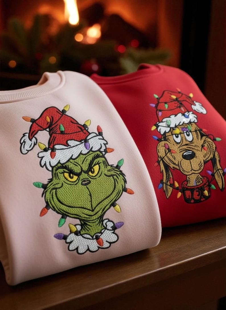 Grinch & Max Christmas Embroidery Sweatshirt, Grinch Christmas Light, Christmas Family Matching Sweaters, Funny Grinch Shirt - Image 2