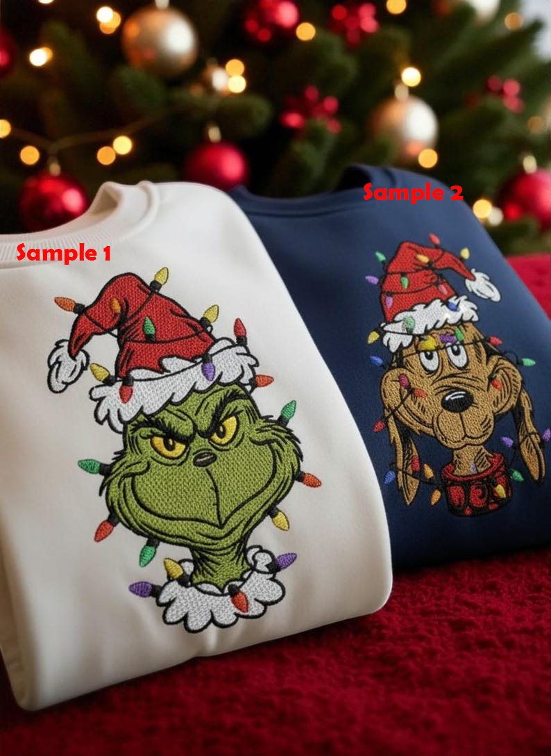 Grinch & Max Christmas Embroidery Sweatshirt, Grinch Christmas Light, Christmas Family Matching Sweaters, Funny Grinch Shirt