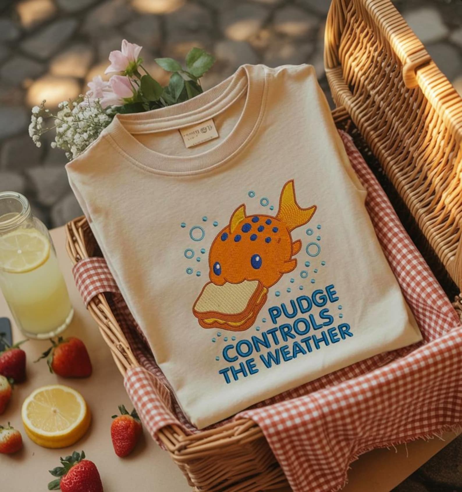 Pudge Controls The Weather Fish Embroidered Shirt