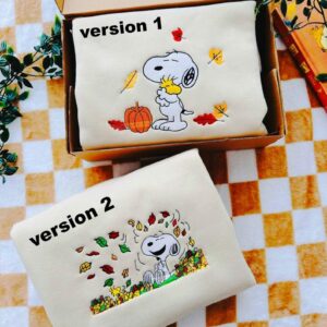 Cute Snoopy Fall Autumn Leaves Pumpkin Halloween Embroidered Sweatshirt, Snoopy Embroidered Sweatshirt, Halloween Embroidered Sweatshirt