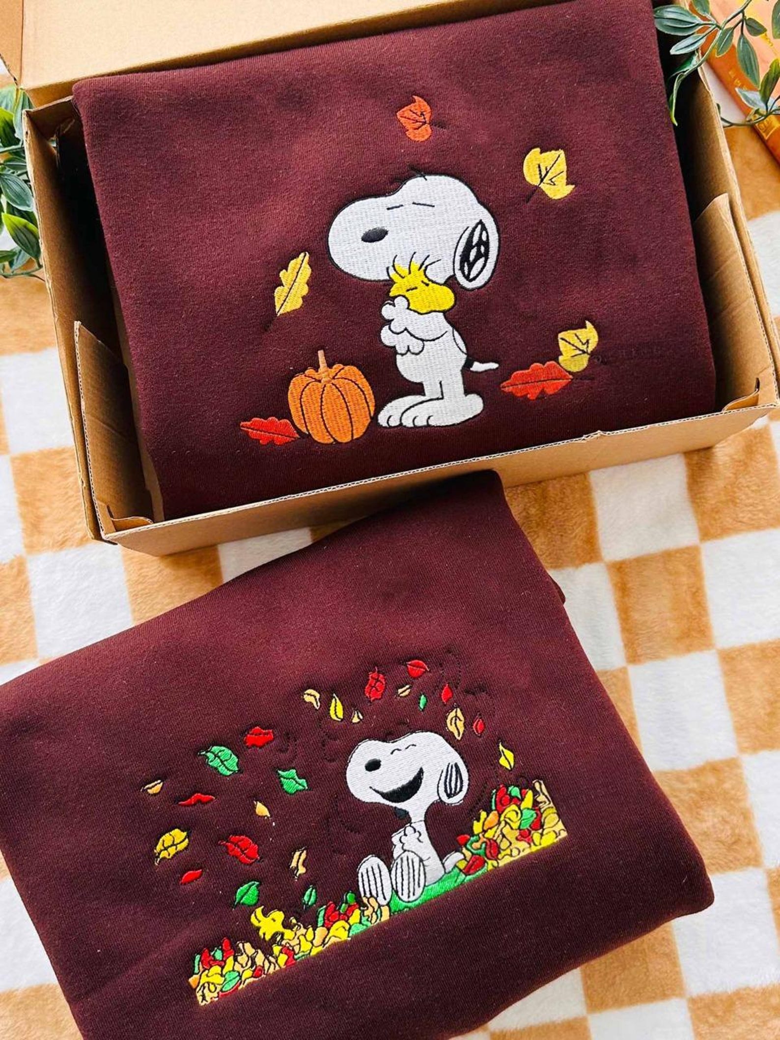 Cute Snoopy Fall Autumn Leaves Pumpkin Halloween Embroidered Sweatshirt, Snoopy Embroidered Sweatshirt, Halloween Embroidered Sweatshirt - Image 2