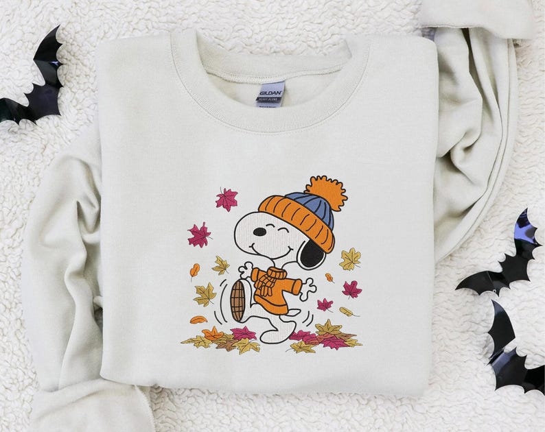 Funny Snoopy Fall Autumn Leaves Pumpkin Halloween Embroidered Sweatshirt, Snoopy Embroidered Sweatshirt, Halloween Embroidered Sweatshirt - Image 3